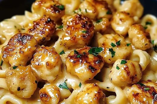 Tender Garlic Butter Chicken Bites with Rich Creamy Parmesan Pasta